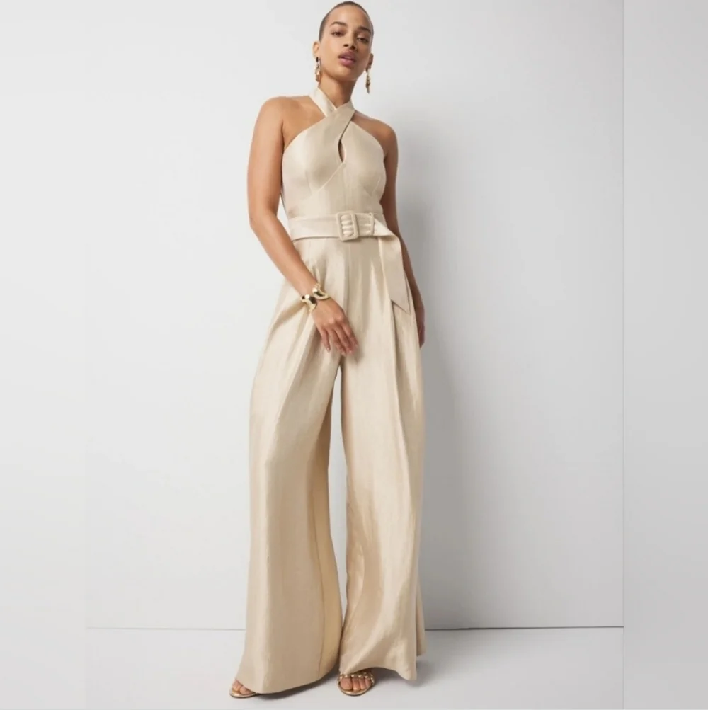 WHBM Champagne Gold Wide Leg Halter Jumpsuit wFront Pockets Cocktail Coquette - Picture 14 of 16
